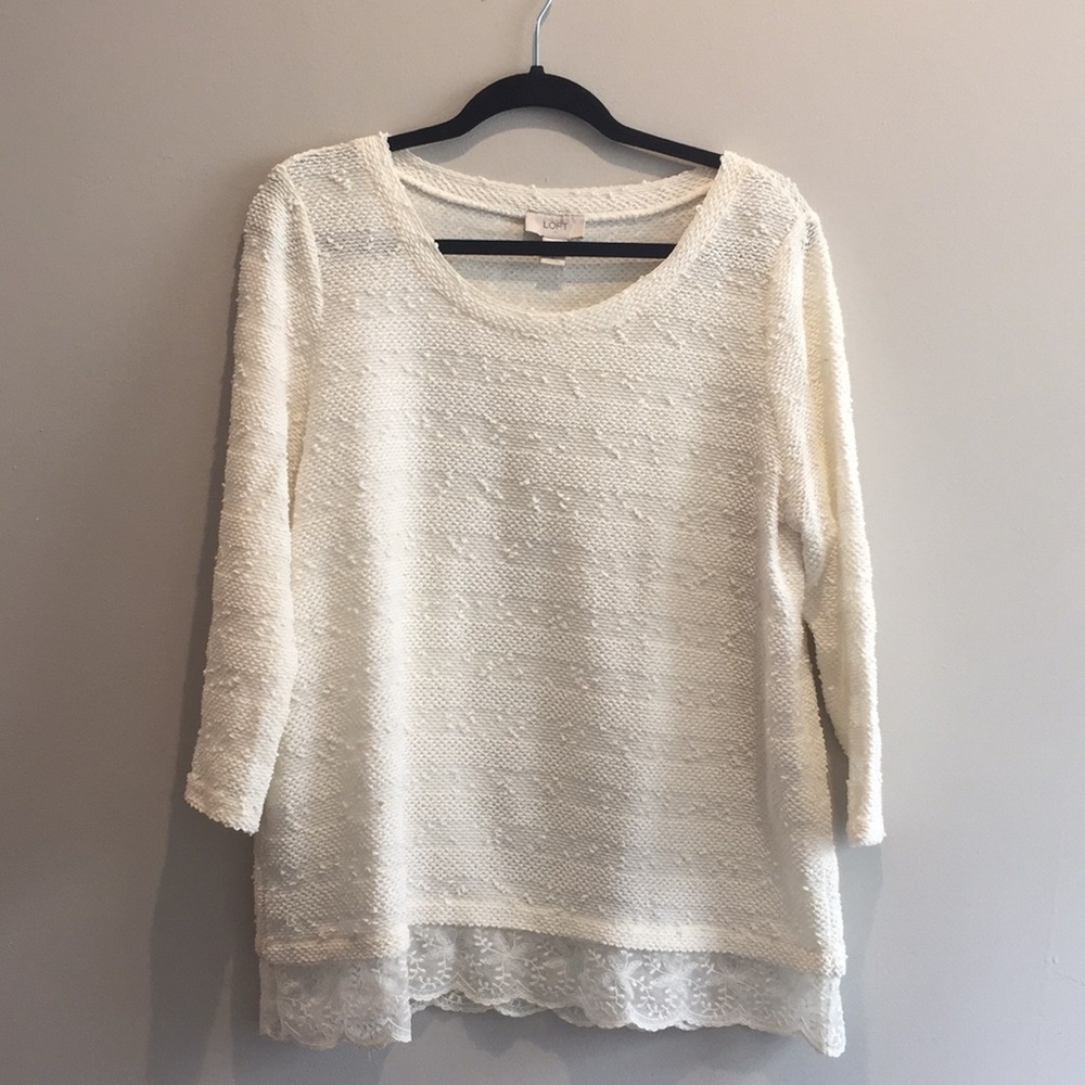 LOFT 3/4 Sleeve Ivory Sweater with Lace Detail